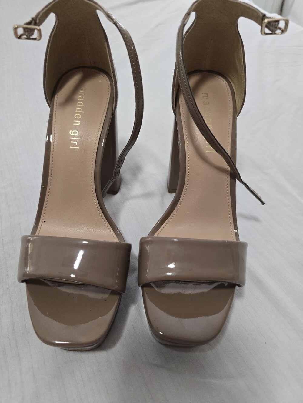 Madden Girl Taupe Patent Block Heel Ankle Strap Sandals